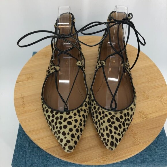 AQUAZZURA Christy Leopard-print Calf Hair Point-toe ankle wrap Flats 37.5 - Picture 4 of 16